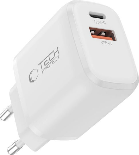 Tech-Protect Φορτιστής Χωρίς Καλώδιο GaN με Θύρα USB-A και Θύρα USB-C και Καλώδιο USB-C 65W Power Delivery / Quick Charge 3.0 Λευκός (NCA65W-GAN)