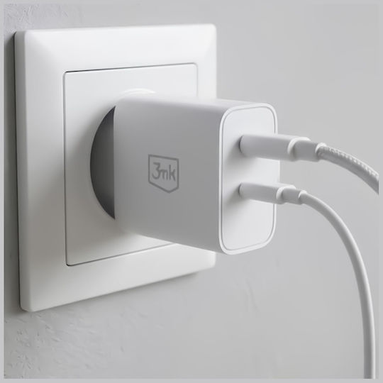 3MK Φορτιστής Χωρίς Καλώδιο GaN με Θύρα USB-A και Θύρα USB-C 45W Power Delivery / Quick Charge 4+ Λευκός (FlowPower)