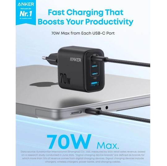 Anker Wireless Charger with USB-A Port and 3 USB-C Ports 70W Power Delivery Black (Zolo)
