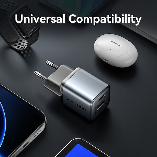Vention Vention GaN Wireless Charger with USB-A and USB-C Ports 30W Power Delivery Quick Charge 3.0 Gray