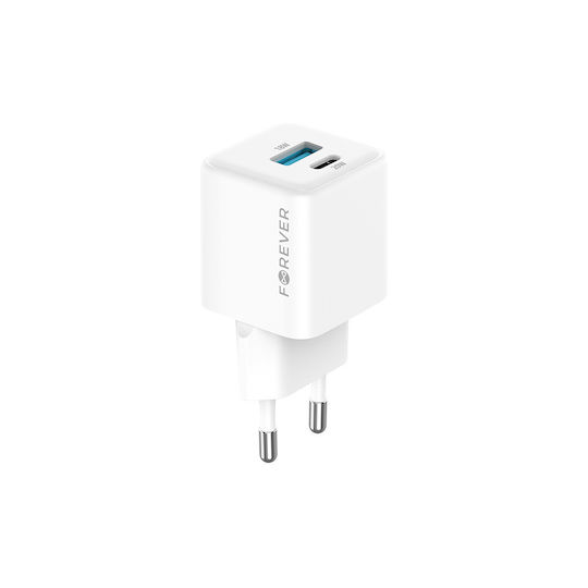 Forever Φορτιστής Χωρίς Καλώδιο GaN με Θύρα USB-A και Θύρα USB-C 20W Power Delivery Λευκός (TC-08-20AC)
