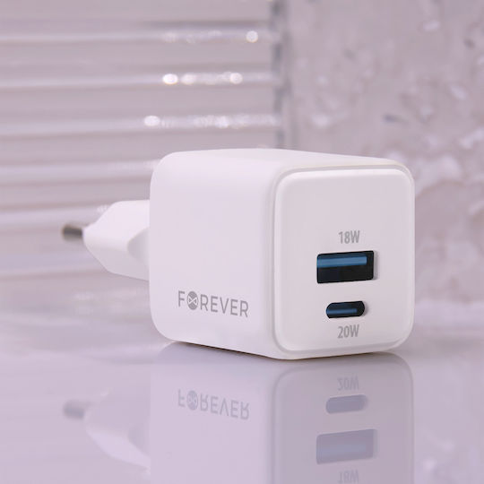 Forever Φορτιστής Χωρίς Καλώδιο GaN με Θύρα USB-A και Θύρα USB-C 20W Power Delivery Λευκός (TC-08-20AC)