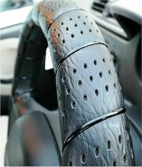 Car Steering Wheel Cover with Diameter 35-41cm made of Leatherette Black with Black Stitching