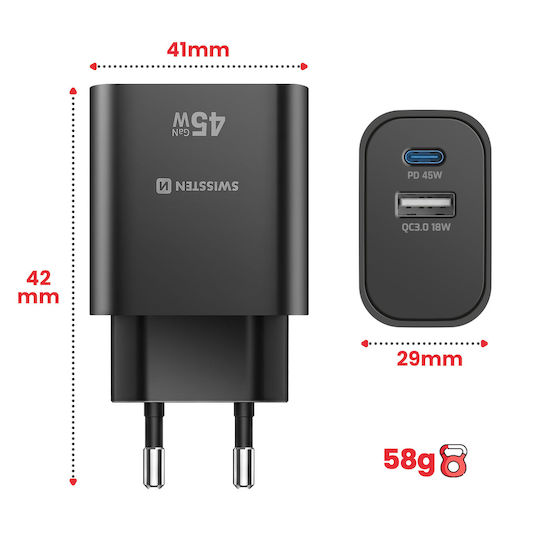 Swissten 45w Usb-c Power Delivery Charger Usb-a Quick Charge 3.0 18w Black