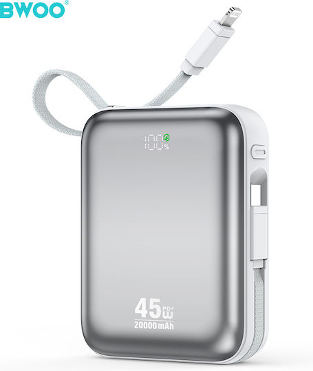 BWOO P78 Power Bank 20000mAh 45W με Θύρα USB-A και Θύρα USB-C Ασημί