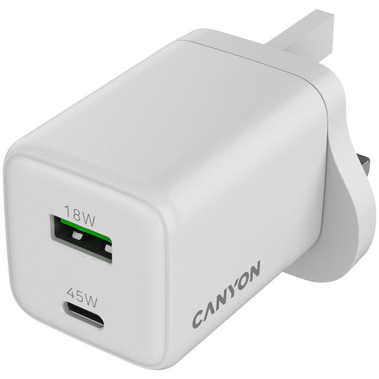 Canyon Φορτιστής με Ενσωματωμένο Καλώδιο GaN με Θύρα USB-A και Θύρα USB-C 45W Power Delivery Λευκός