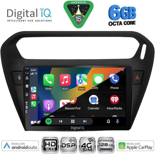 Digital IQ Car Audio System for Peugeot 301 Citroen C-Elysee 2013-2023 Bluetooth USB WiFi GPS Apple CarPlay Android Auto with 9" Touch Screen