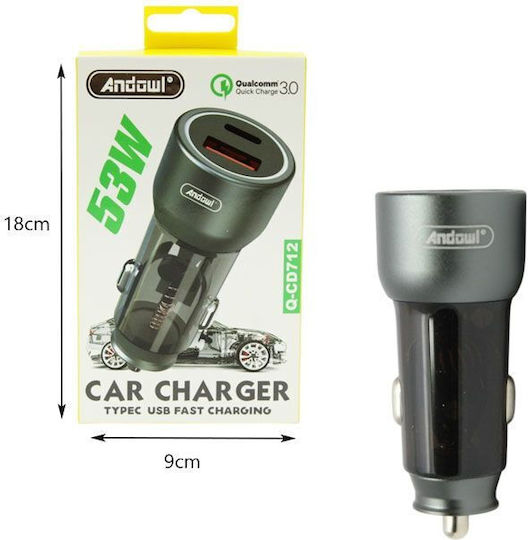 Andowl Auto-Ladegerät 53W mit Anschlüssen: 1xUSB 1xType-C