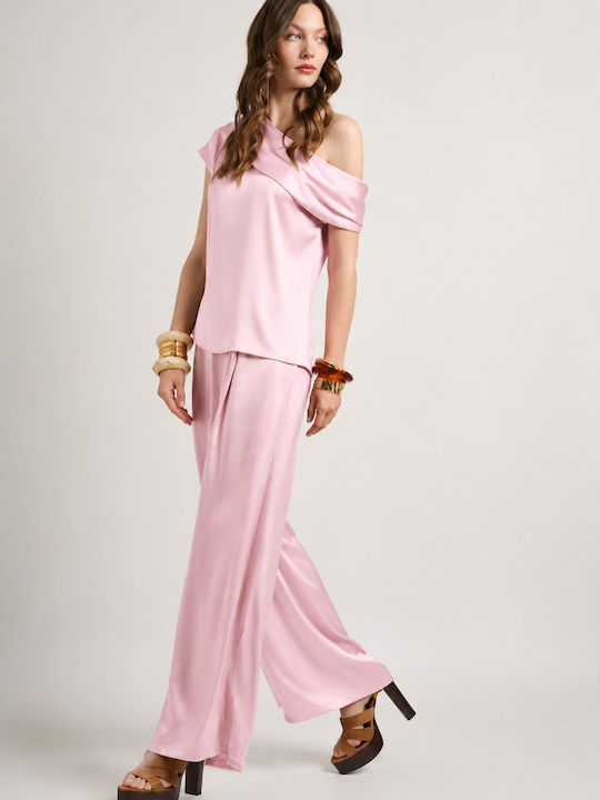 Bluza Damă Satin Drapată Cu Un Umăr Roz