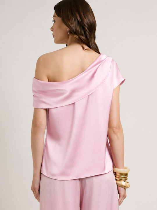 Bluza Damă Satin Drapată Cu Un Umăr Roz