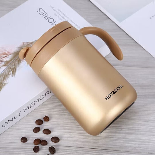 Handled Tumbler Thermos Stainless Steel / Glass 500ml Gold Insulated Travel Mug with Straw and Handle