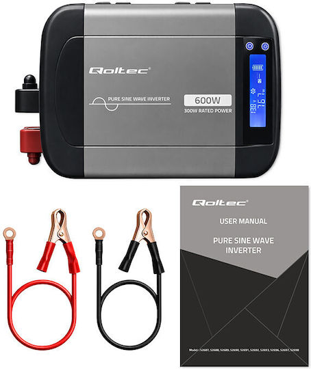 Qoltec Power Inverter Pure Sine Wave 12v 230v 300/600w Lcd Usb Usb‑c Compatible With Lifepo4 Gel Agm