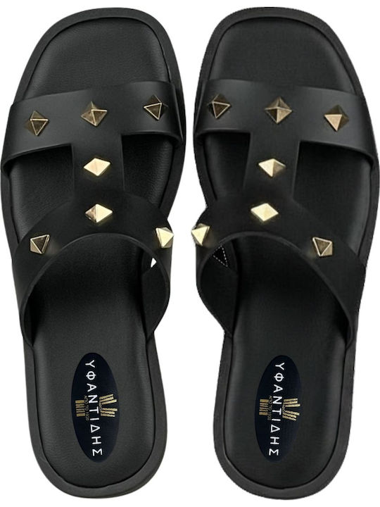 Leder Flache Sandalen Für Damen Schwarz