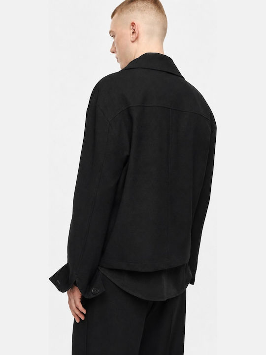 Μακρυμάνικo Overshirt σε Κανονική Γραμμή Μαύρο