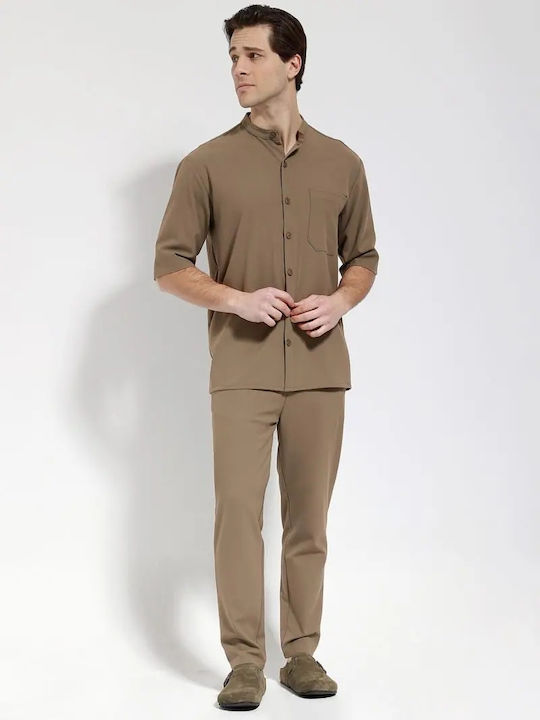 Short Sleeve Shirt In Regular Fit Dark Beige