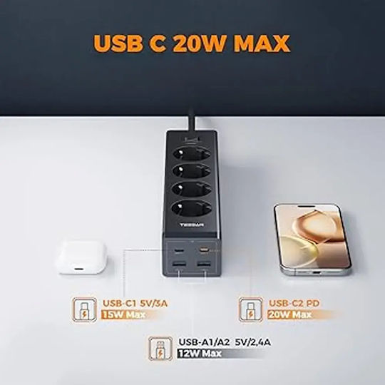 Tessan Πολύπριζο 4 Θέσεων με 2 USB-A, 2 USB-C, Διακόπτη και Καλώδιο 2m