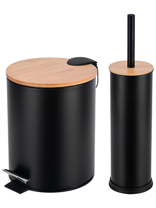 Estia Bamboo Bathroom Brush and Trash Can Set 7lt Black