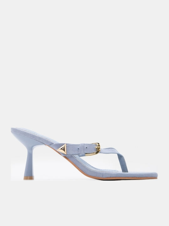 Suede Mules με Ψηλό Τακούνι σε Γαλάζιο Χρώμα