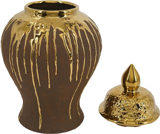Artekko Candia Κεραμικό Βάζο Καπάκι Καφέ Χρυσό 19.2x19.2x34 Cm