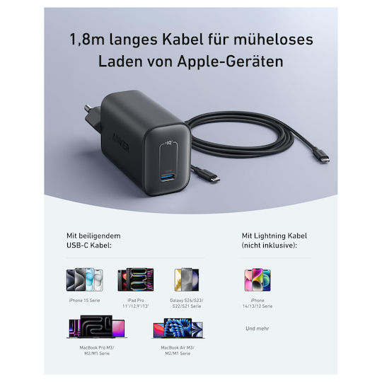 Anker Φορτιστής Χωρίς Καλώδιο με Θύρα USB-C και Καλώδιο USB-C 100W Μαύρος (Nano)