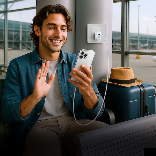 Joyroom Зарядно Устройство Без Кабел GaN с USB-A Изходен Порт и 2 USB-C Изходни Порта и USB-C Кабел 30W Бял (JR-TG6)