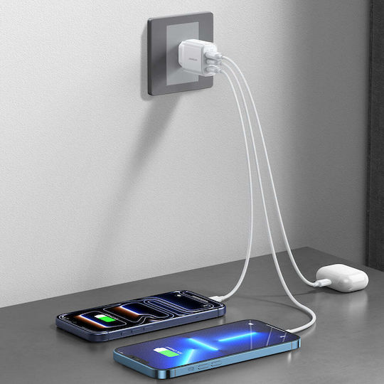 Joyroom Зарядно Устройство Без Кабел GaN с USB-A Изходен Порт и 2 USB-C Изходни Порта и USB-C Кабел 30W Бял (JR-TG6)