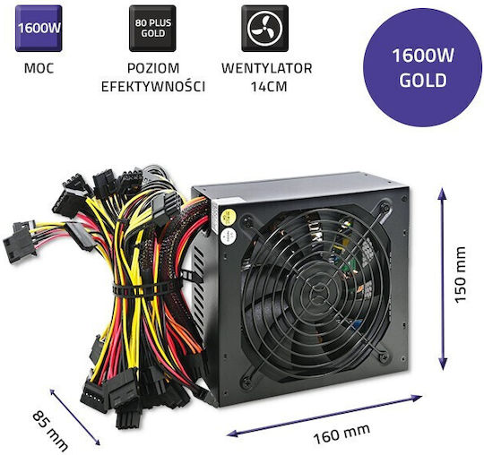 Qoltec 1600W Black Computer Power Supply Full Wired 80 Plus Gold (50147)