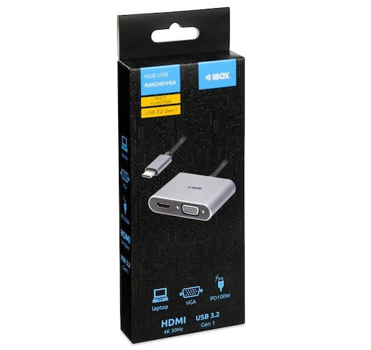 iBox USB-C Докинг Станция с HDMI 4K PD и Свързване на 2 Монитора Сива