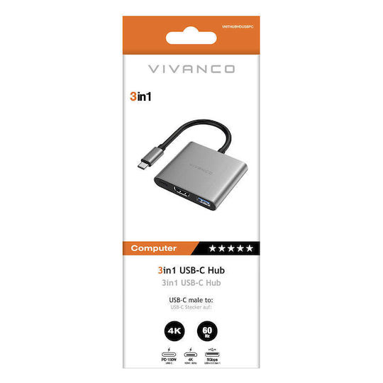 Vivanco HUBHDUSBPC USB-C Docking Station mit HDMI 4K PD Gray