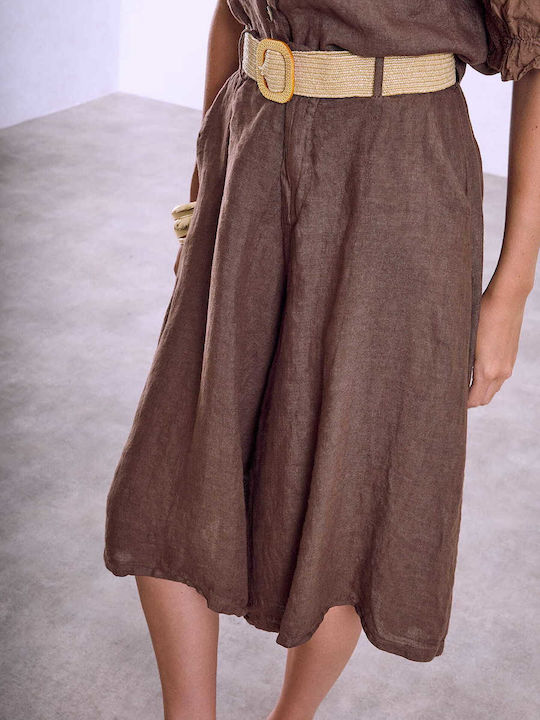 Celestino Zip-Culottes Damenhose Leinen Gürtel Loose Fit Braun