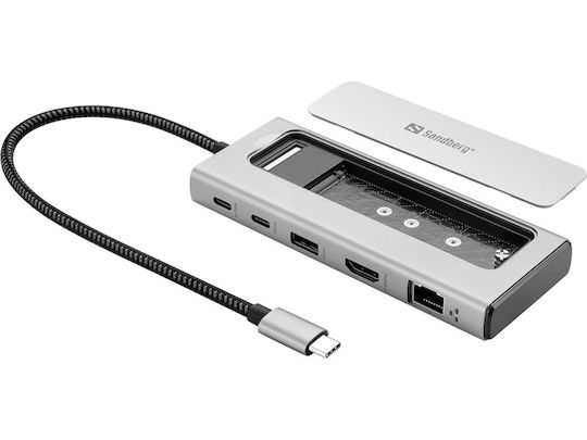 Sandberg 6in1 Travel Dock USB-C Dockingstation mit HDMI 4K PowerDelivery Ethernet Silber