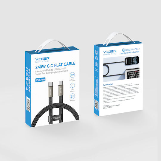 Veger Плетен USB 2.0 Кабел USB-C мъжки - USB-C 240W Черен 1m CC2-MTB