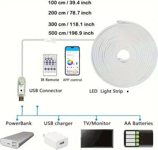 Waterproof USB 5V 10m Neon Flex LED Strip with Power Supply & Remote Control