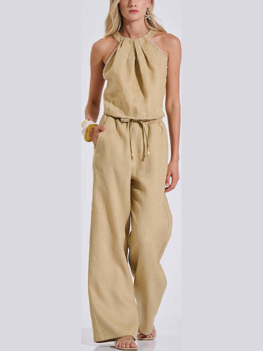 Women's Linen Pantaloons with Elastic in Loose Fit Beige