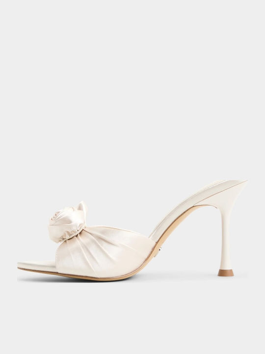 Satin Mules With Thin High Heel In Ecru Colour