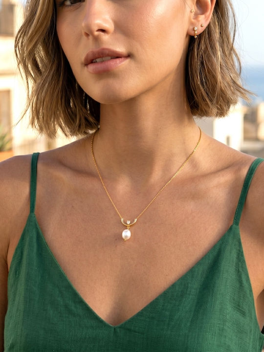 Loisir Necklace from Gold Plated Steel with Pearls & Zircon