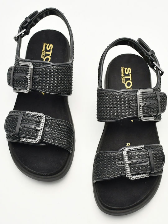 Leder Flache Damen Sandalen Flatforms Schwarz