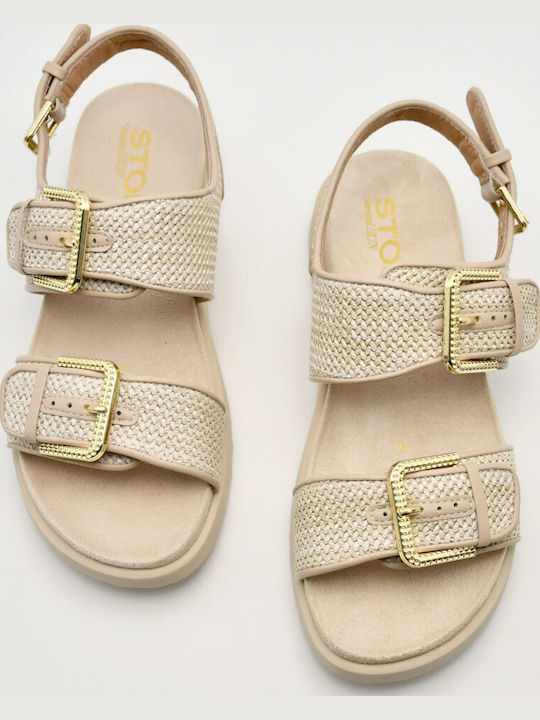 Δερμάτινα Γυναικεία Σανδάλια Flatforms Μπεζ