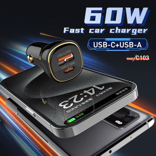 Ldnio Car Charger C103 Lightning Cable USB/USB-C 60W Black 5210131159958