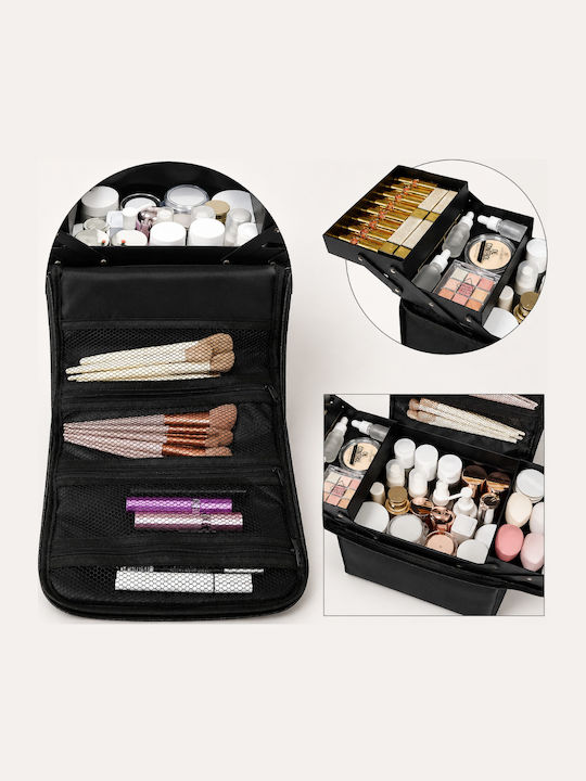 Geantă Organizator Cosmetic Zola 4 Compartimente Extensibile 3 Buzunare Cu Fermoar Curea De Transport Rezistentă La Apă 25.5 X 28 X 21 Cm Negru