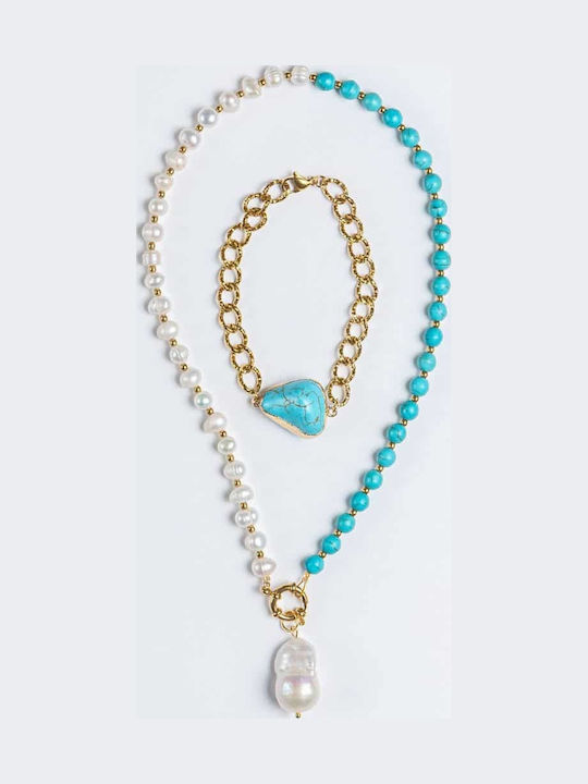Cuoro Necklace with Light Blue Pearls