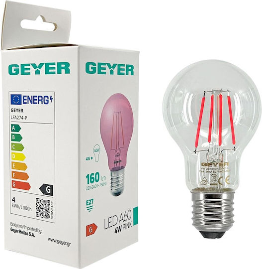 Geyer Λάμπα LED 4W για Ντουί E27 και Σχήμα A60 Ροζ 160lm
