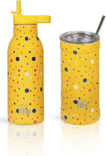 Metal Bottle Thermos Stainless Steel Aluminum BPA Free 550ml Dots In Yellow with Straw