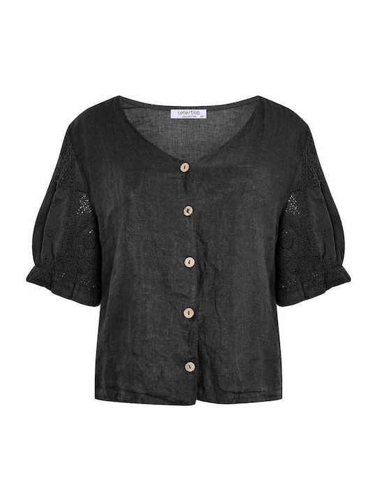 Celestino Women's Linen Shirt Crochet Details Black