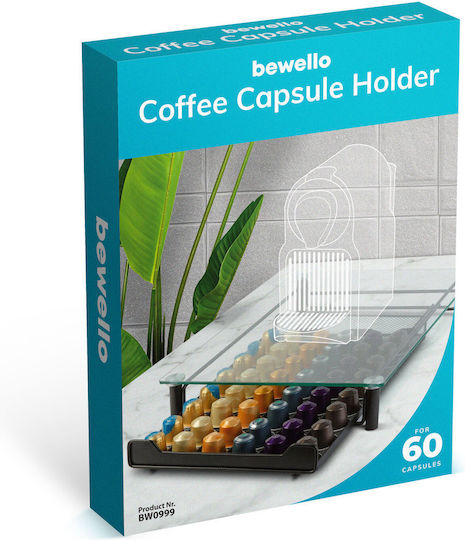 Suport Capsule Cafea Nespresso 60 Capsule Sertar Metalic Blat Sticlă Negru Mat Organizator Espresso