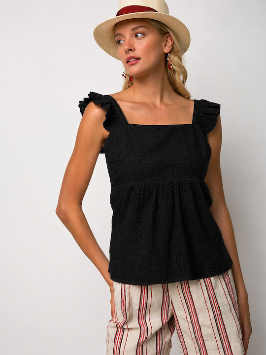 Damen Bluse Aus Baumwolle Mit Spaghetti-Träger Schwarz
