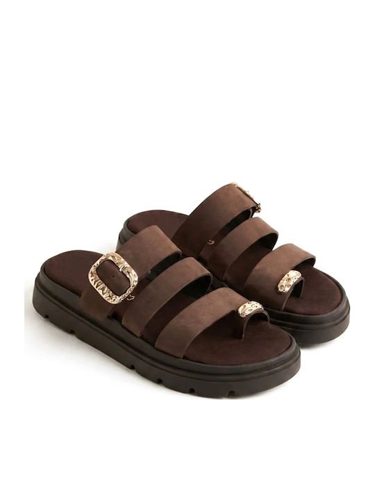 Кожени Дамски Сандали Flatforms Кафяви