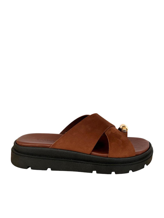 Leather Women's Flat Sandals Flatforms Brown