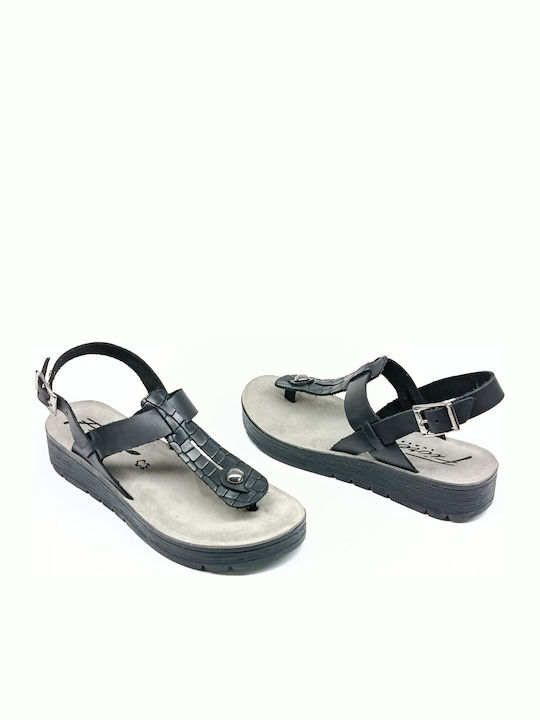 Leder Flache Sandalen für Damen Schwarz