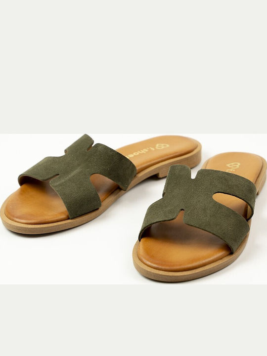 Leder Flache Damen Sandalen Khaki